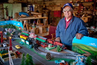 Barry Coulter of Farmington, IL got his first model train when he was six and a half, that was 62 years ago. That trains still works and he has accumulated many more since.  Now it is his full time occupation, repairing model trains. 
Today his is showing one of his traveling sets at the Spoon River Valley Scenic Drive Festival.