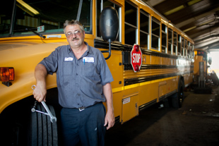 Steve Stanley is an ASE Master School Bus Mechanic and works for District 150 in Peoria.
  Why has he worked on School buses for 31 years? ‘If I do my job right, it makes a difference,
 most everyone knows someone who rides a school bus, and we try to keep them safe’.