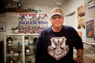 Frank Thompson is part of the all-volunteer team that runs the Prairie Aviation Museum 
in Bloomington IL. Frank is a veteran who served in the US Army. ‘I get a kick out of seeing people 
recall old memories’ he said while talking about the museums visitors.