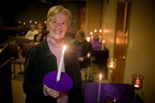 Bev Garrett attends the Alzheimer’s Association annual Candlelight Service. She has been active with the organization since her husband began suffering from Alzheimer’s. John Garrett died last February after wandering away from his home near Brimfield. Bev is working with local officials to start a program that can provide tracking devices for Alzheimer’s patients.
