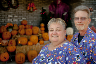 Sandra and Gary Betts decorate their home for all the major holidays.
 They say that people will go out of the way to drive by and see how the house looks
 at the change of seasons.  Why do they go all out on the decorations? ‘We’re a little weird’, Sandra said.