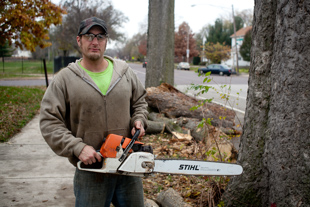 Randy Murry of Pekin has been a tree cutter for the last 15 years. 
He says it is a very dangerous job, ‘You have to be careful to make the right cuts’.