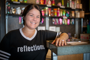 Jessica Bullock is a Manager at Reflections Tannery where she was a customer before working there.  
She said she likes it because the clients are like their friends and family.  ‘Plus’ she said, ‘I like working for local businesses’