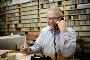 Steve Dirst is a volunteer, answering phones during the WCBU fall pledge drive. He is a big fan of National Public 
Radio and listens all the time. ‘This is something I can do to support the station’ he said.
