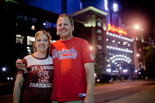 Debby and Tom Silliman are just outside Busch stadium after watching the Cards play the Phillies. 
They are from Hazelwood, MO and have been big Cardinal fans 'forever'.